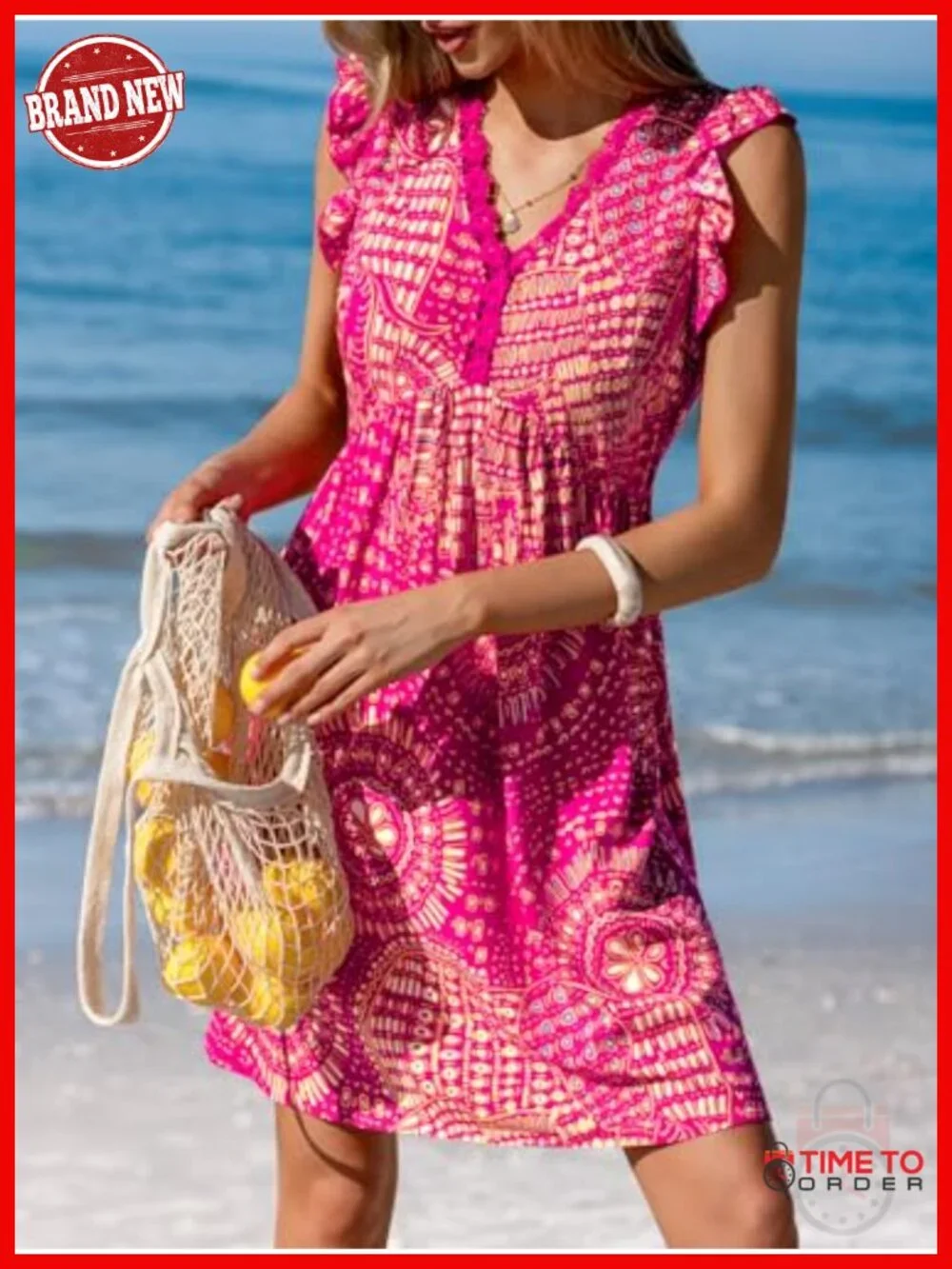 Flutter Sleeve V Neck A-Line Mini Sundress with Lace Trim